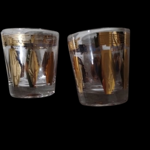Old Fashioned Rocks Glasses With Gilt Gold Decoration Set 2 VTG Accent Glasses